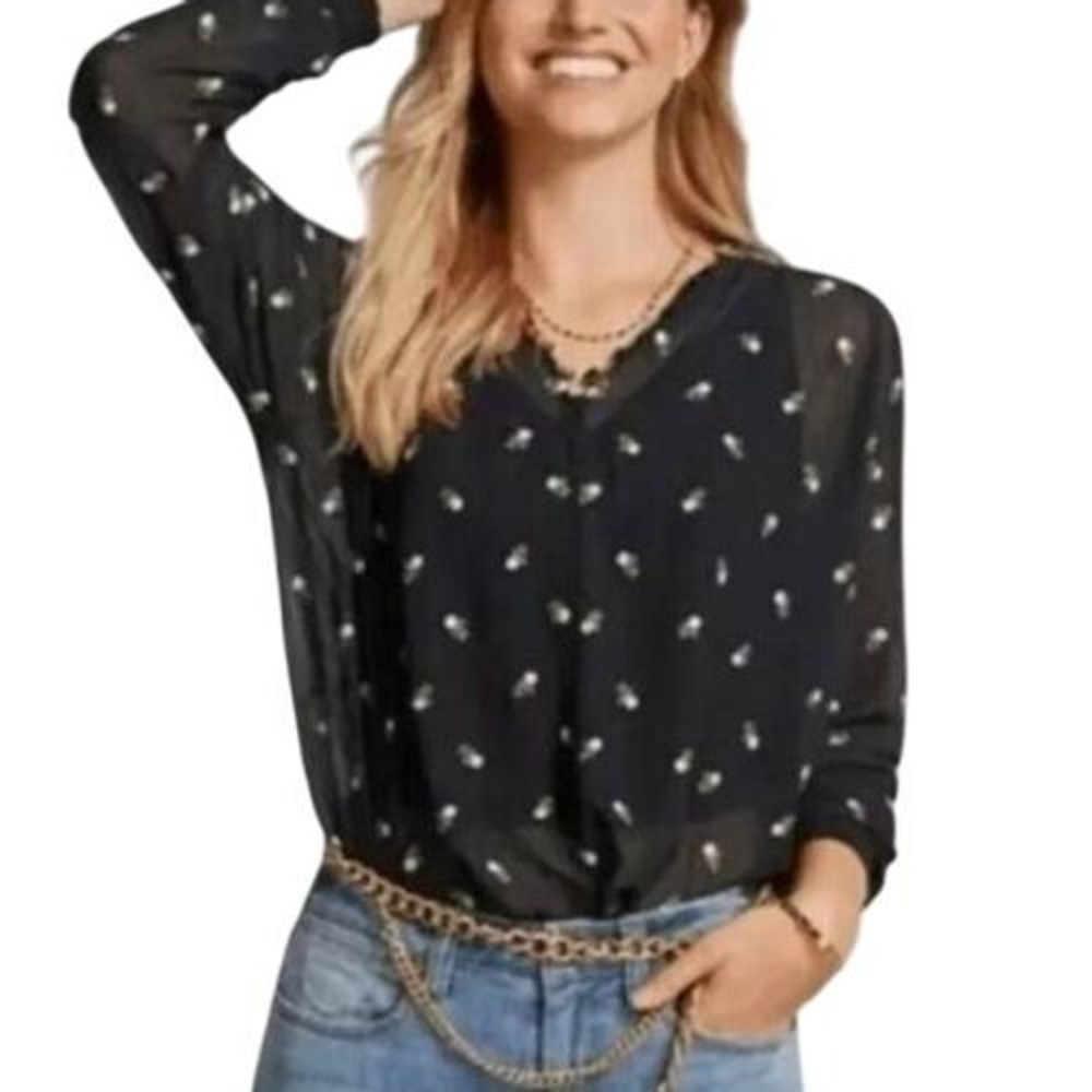 Cabi Floral Embroidered Blouse Black Size Small Romantic Long Sleeve